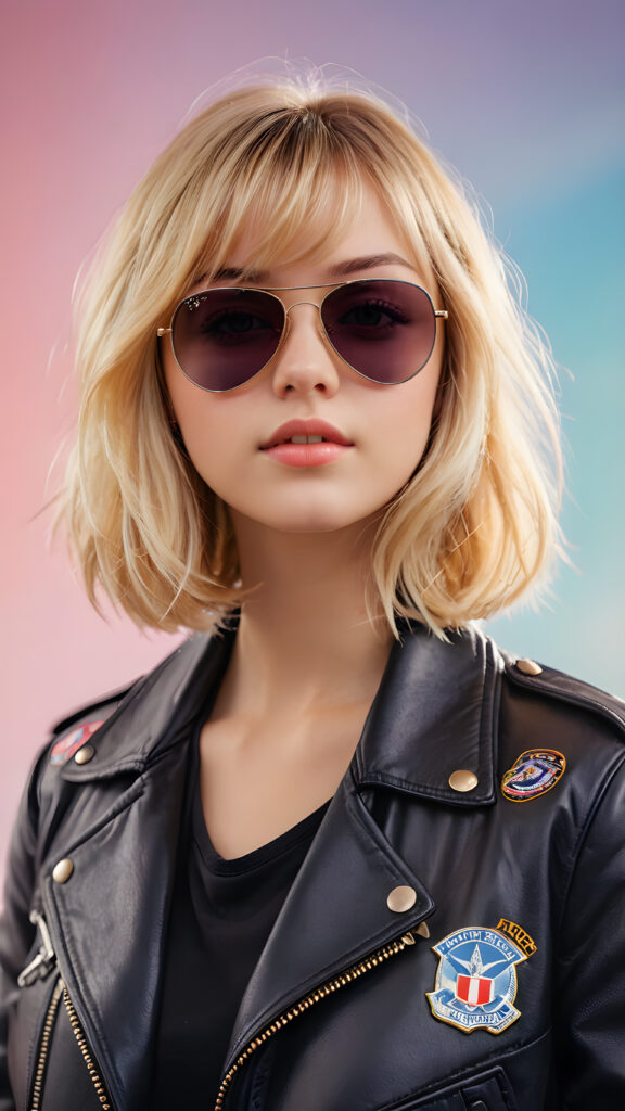 detailed and realistic photo from a young cute busty teenage girl with long blond bob cut and soft hair, with bangs, ((black aviator jacket)), ethereal, hand painted, hazy white backdrop, ((beautiful colors))