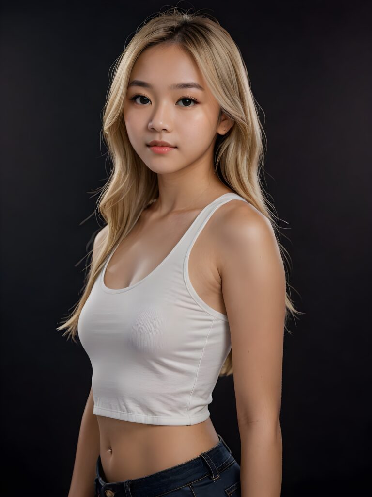 detailed and realistic portrait: an Asian teen girl, 15 years old, (((long, straight blonde hair))), beautifully realistic, realistic detailed angelic round face, looks at the camera, perfect curved body, (wears a super short tight (white crop tank top), perfect anatomy, side perspective, ((dark background))