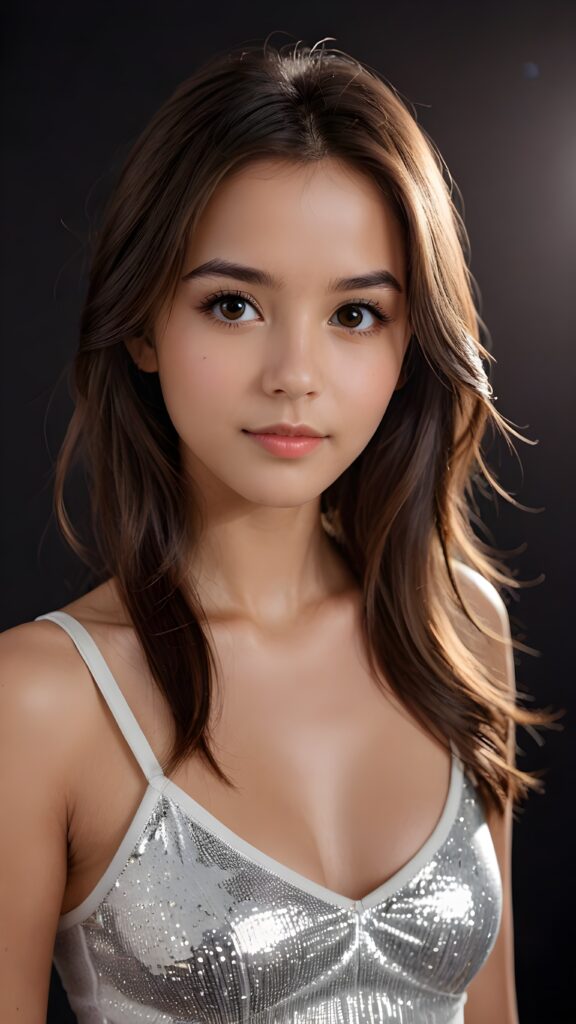 detailed and realistic photo of a young girl with flawless skin. She has long, straight brown hair that falls over her upper body. She is wearing a tight, short top which emphasizes her perfect, sculpted body and has a plunging neckline. Her gaze is seductive and she looks directly at the viewer. Her brown eyes shine and sparkle, reflecting a little light. Low light falls into the picture and casts shadows