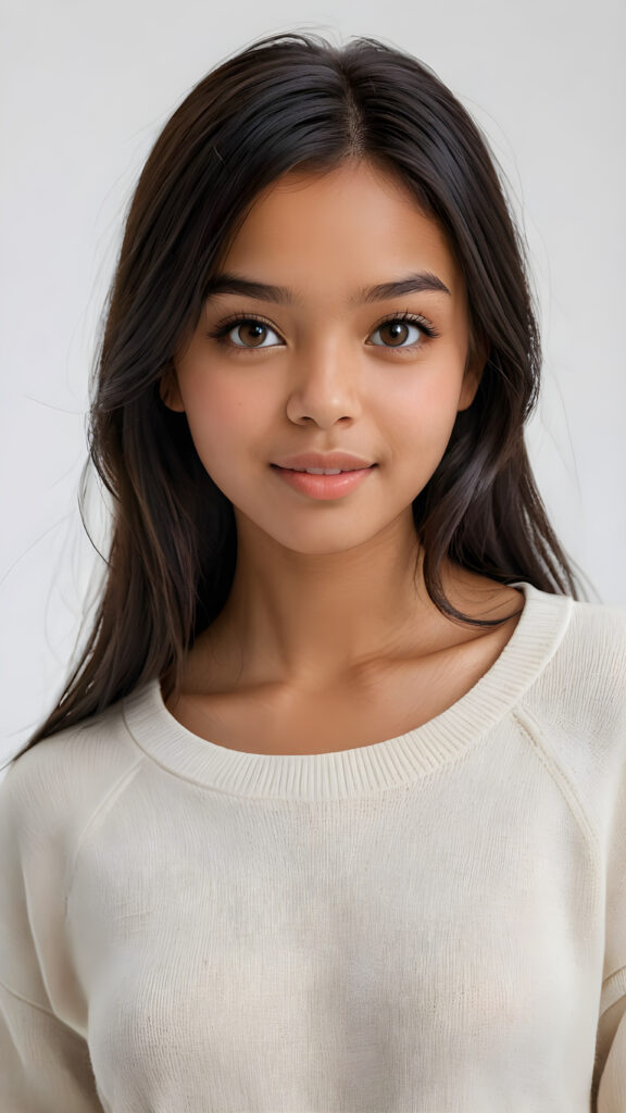 detailed and realistic photo: a beautiful, breathtaking brown-skinned teenage girl with silky smooth obsidian soft black straight hair looks at the viewer in amazement. The hair reaches down to the shoulders and is cut straight. She has a round face, smooth, white skin and full, plump lips. Her mouth is slightly open with white teeth. The picture is bathed in warm light and creates perfect shadows. She wears a thin, tight-fitting sweater that emphasizes her wonderful body. Her beautiful brown eyes reflect a little light. ((stunning)) ((gorgeous)) ((white background))