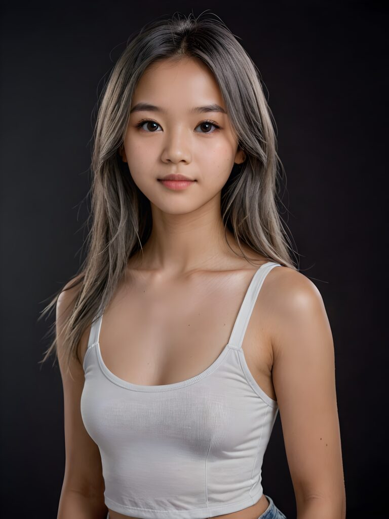 detailed and realistic portrait: an Asian teen girl, 15 years old, (((long, straight ash grey hair))), beautifully realistic, realistic detailed angelic round face, looks at the camera, perfect curved body, (wears a super short tight (white crop tank top), perfect anatomy, side perspective, ((dark background))