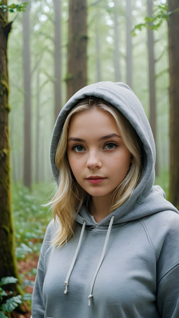 detailed and realistic pictures: a young blond girl in a big foggy forest, feel lonely, she wears a hoodie