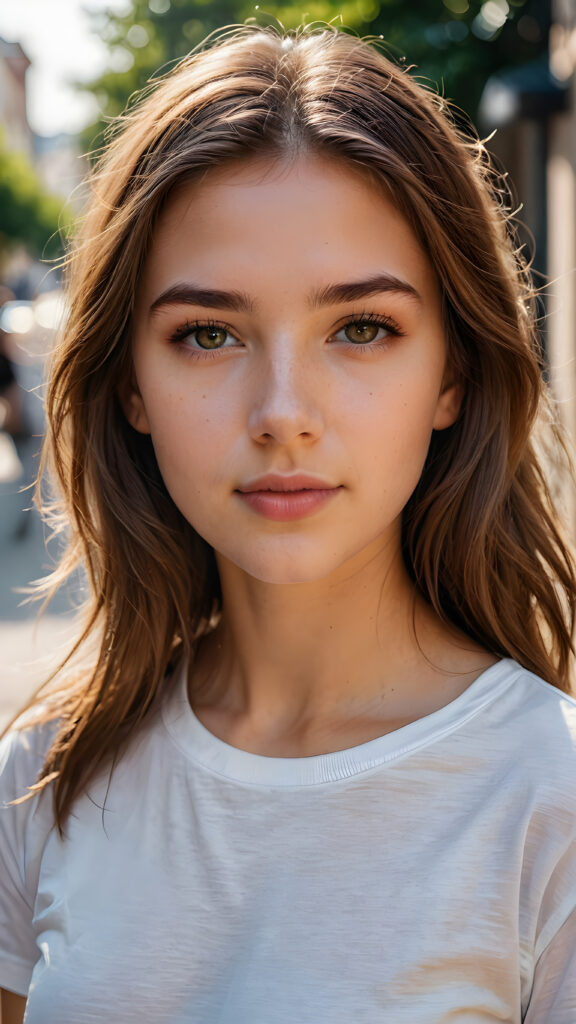 detailed and realistic photo from a young teen girl, soft brown hair, close up portrait, white t-shirt, ((gorgeous)) ((stunning))