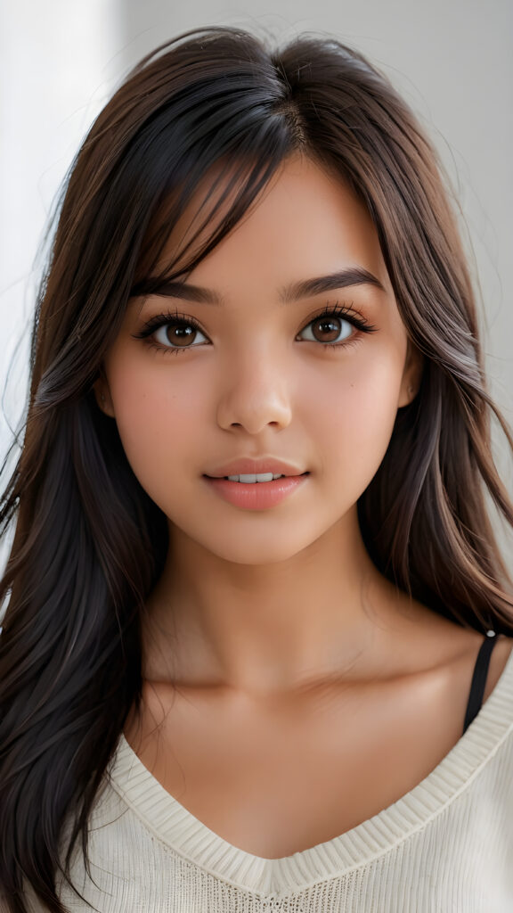 detailed and realistic photo: a beautiful, breathtaking brown-skinned teenage girl with silky smooth obsidian soft black straight hair looks at the viewer in amazement. She has a round face, smooth, white skin and full, plump lips. Her mouth is slightly open with white teeth. The picture is bathed in warm light and creates perfect shadows. She wears a thin, tight-fitting sweater that emphasizes her wonderful body. Her beautiful brown eyes reflect a little light. ((stunning)) ((gorgeous)) ((white background))