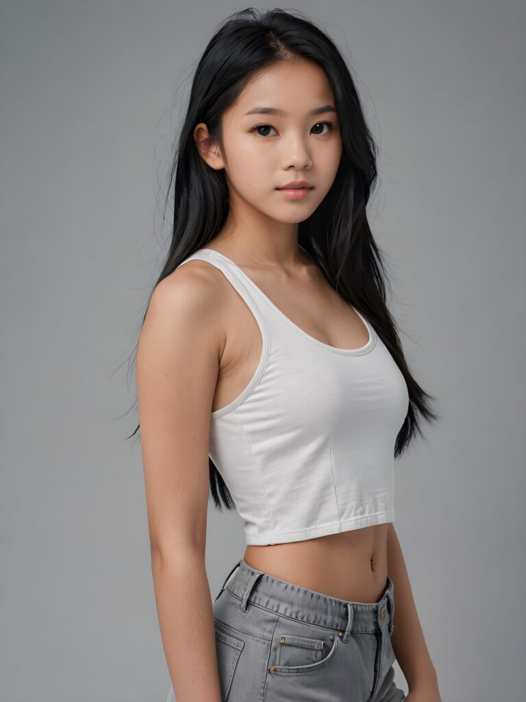 detailed and realistic portrait: an Asian teen girl, 15 years old, (((long, straight obsidian black hair))), beautifully realistic, realistic detailed angelic round face, looks at the camera, perfect curved body, (wears a super short tight (white crop tank top), perfect anatomy, side perspective, ((grey background))