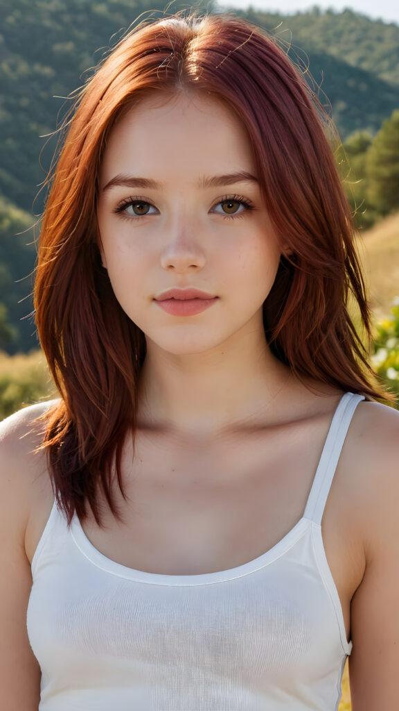 detailed and realistic close-up portrait: a (((beautiful teen girl with (straight burgundy hair with soft layers) and brown eyes))), looks seductively and smiles gently, who exudes a distinct (((sharpness))), coupled with (((pale skin))) and (((vividly full lips))) that curve into, dressed in a (((white crop tank top))), (sunny natural landscape in backdrop)