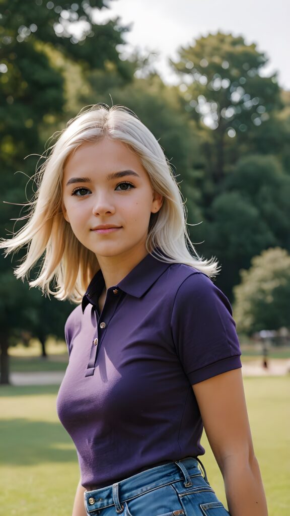 detailed and realistic photo from a young teenage girl in short-sleeved dark purple polo shirt, her high collar is fully buttoned up and the collar is firm around her neck, wearing jeans, straight long jet soft white hair, natural backdrop