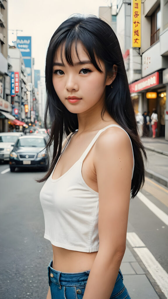 detailed and realistic portrait from the 1960s, a trendy young Japanese teen girl in Tokyo, with soft long straight black hair, wears a white super fine cropped tank top that support her body, she has a perfect curved body, immersed in the warm ambiance sharp details bring her stylish features to life, perfectly embodying the essence of urban sophistication, the composition contemplates the interplay of modern culture and personal expression, inviting viewers to revel in the captivating atmosphere of contemporary city