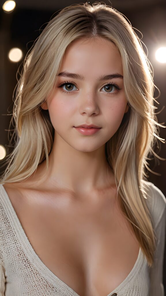 detailed and realistic photo of a young 14 years old girl with flawless skin. She has long, straight blond hair that falls over her upper body. She is wearing a tight, short top which emphasizes her perfect, sculpted body and has a plunging neckline. Her gaze is seductive and she looks directly at the viewer. Her brown eyes shine and sparkle, reflecting a little light. Low light falls into the picture and casts shadows