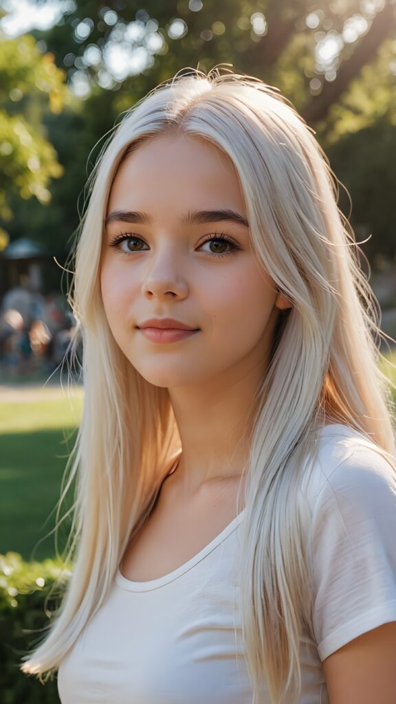 detailed and realistic photo from a young teenage girl, straight long jet soft white hair, natural backdrop