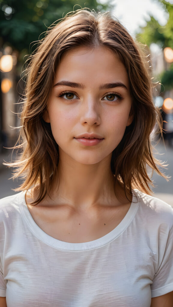 detailed and realistic photo from a young teen girl, soft brown hair, close up portrait, white t-shirt, ((gorgeous)) ((stunning))