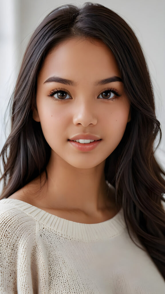 detailed and realistic photo: a beautiful, breathtaking brown-skinned teenage girl with silky smooth obsidian soft black straight hair looks at the viewer in amazement. She has a round face, smooth, white skin and full, plump lips. Her mouth is slightly open with white teeth. The picture is bathed in warm light and creates perfect shadows. She wears a thin, tight-fitting sweater that emphasizes her wonderful body. Her beautiful brown eyes reflect a little light. ((stunning)) ((gorgeous)) ((white background))