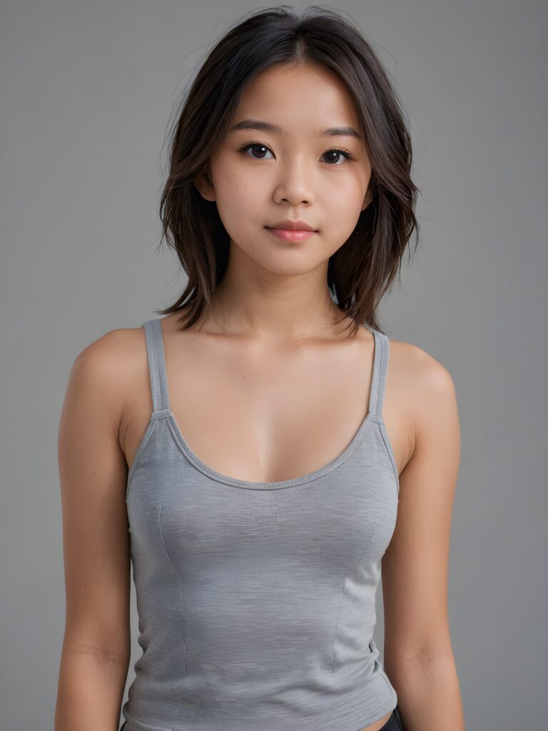 detailed and realistic portrait from a Asian teen girl, 14 years old, straight soft jet hair, realistic detailed angelic round face, perfect curved body, ((low cut tight (tank top))), perfect anatomy, side perspective, ((grey background))