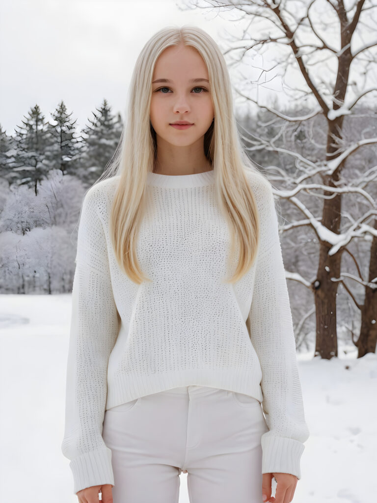 detailed and realistic upper-body photo: a (((white-skinned young teen girl with soft, ((white long straight hair))), wearing a ((white short cropped sweater, white pants))), standing confidently in a serene snow-covered ((white landscape))