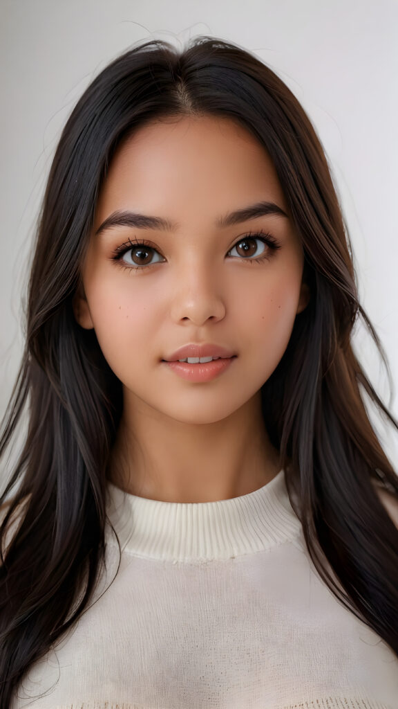 detailed and realistic photo: a beautiful, breathtaking brown-skinned teenage girl with silky smooth obsidian soft black straight hair looks at the viewer in amazement. She has a round face, smooth, white skin and full, plump lips. Her mouth is slightly open with white teeth. The picture is bathed in warm light and creates perfect shadows. She wears a thin, tight-fitting sweater that emphasizes her wonderful body. Her beautiful brown eyes reflect a little light. ((stunning)) ((gorgeous)) ((white background))