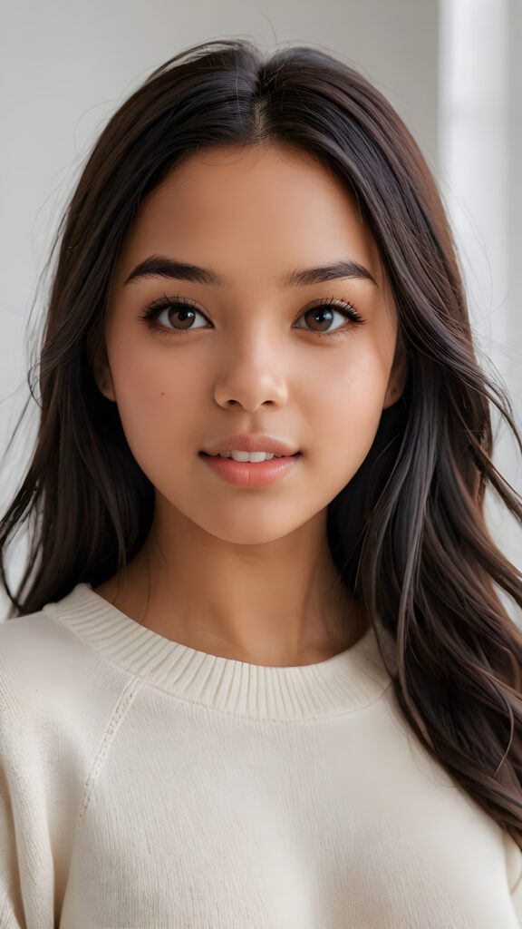 detailed and realistic photo: a beautiful, breathtaking brown-skinned teenage girl with silky smooth obsidian soft black straight hair looks at the viewer in amazement. She has a round face, smooth, white skin and full, plump lips. Her mouth is slightly open with white teeth. The picture is bathed in warm light and creates perfect shadows. She wears a thin, tight-fitting sweater that emphasizes her wonderful body. Her beautiful brown eyes reflect a little light. ((stunning)) ((gorgeous)) ((white background))