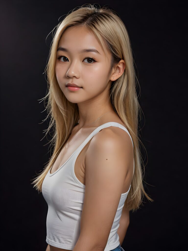 detailed and realistic portrait: an Asian teen girl, 15 years old, (((long, straight blonde hair))), beautifully realistic, realistic detailed angelic round face, looks at the camera, perfect curved body, (wears a super short tight (white crop tank top), perfect anatomy, side perspective, ((dark background))