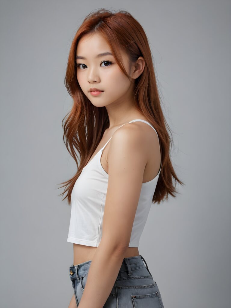 detailed and realistic portrait: an Asian teen girl, 15 years old, (((long, straight auburn-red hair))), beautifully realistic, realistic detailed angelic round face, looks at the camera, perfect curved body, (wears a super short tight (white crop tank top), perfect anatomy, side perspective, ((grey background))