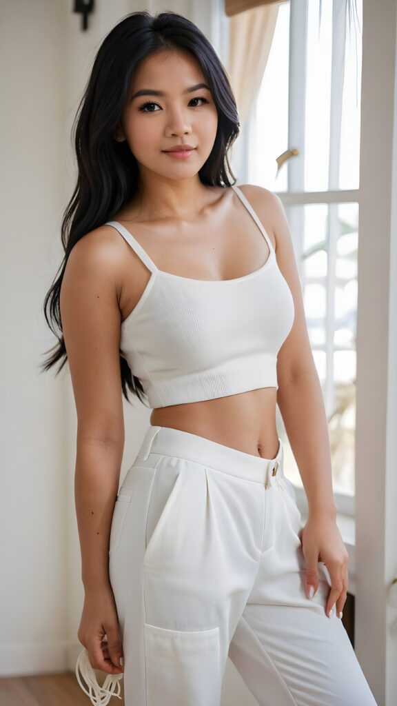 detailed and realistic photo from a cute young busty Filipino girl with long jet black hair, accentuating her (((navel))) with a (white cropped spaghetti tank top) made of fine wool, ((wide, baggy white pants, cut to frame her shape))