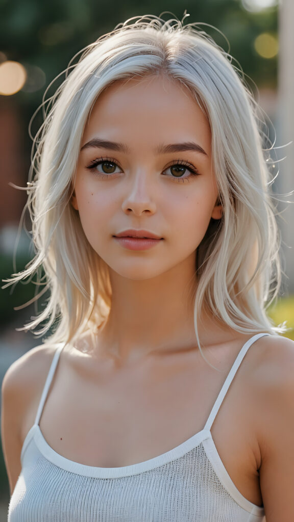 detailed and realistic photo from a very young girl, soft straight jet white hair, close up, thin dressed in a spaghetti tank top, perfect body