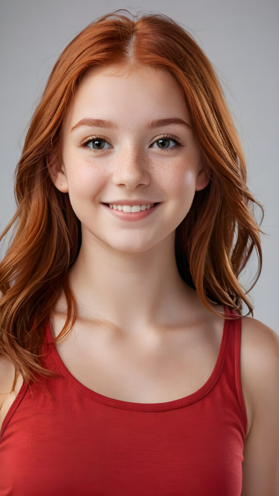 detailed and realistic photo from a (((cute little red-haired young teen girl))), straight long soft hair, smile very happy, stands confidently, she wears a thin tank top, perfect body ((perfect portrait)) ((empty backdrop))