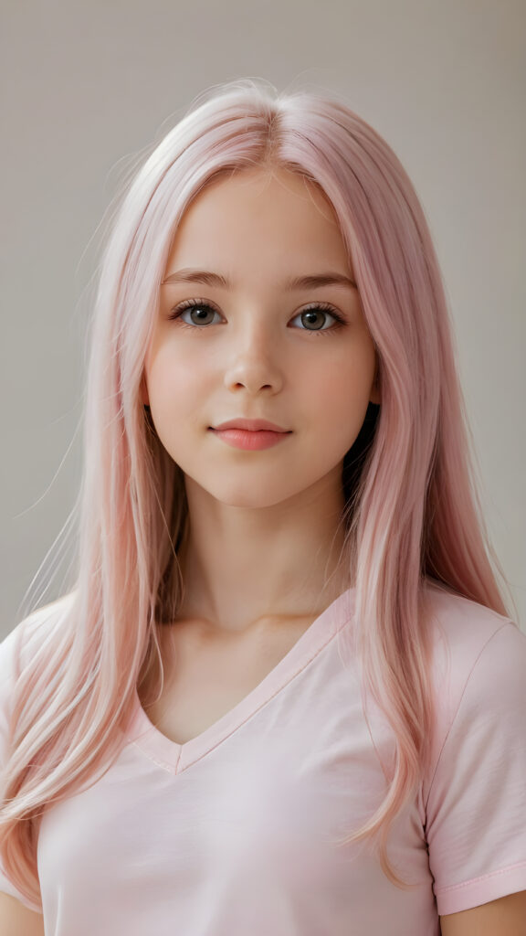 detailed and realistic close-up portrait: a (((beautiful petite teen girl, 13 years old with ((long straight soft detailed light pink hair)), side swept style with wispy layers) and brown eyes))), looks seductively and smiles gently, who exudes a distinct (((sharpness))), coupled with (((pale skin))) and (((vividly full lips))) that curve into, dressed in a (((light pink plain t-shirt, deep v-neck)))