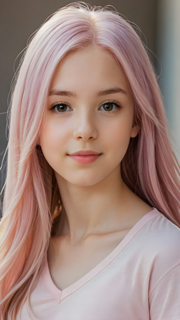 detailed and realistic close-up portrait: a (((beautiful petite teen girl, 13 years old with ((long straight soft detailed light pink hair)), side swept style with wispy layers) and brown eyes))), looks seductively and smiles gently, who exudes a distinct (((sharpness))), coupled with (((pale skin))) and (((vividly full lips))) that curve into, dressed in a (((light pink plain t-shirt, deep v-neck)))