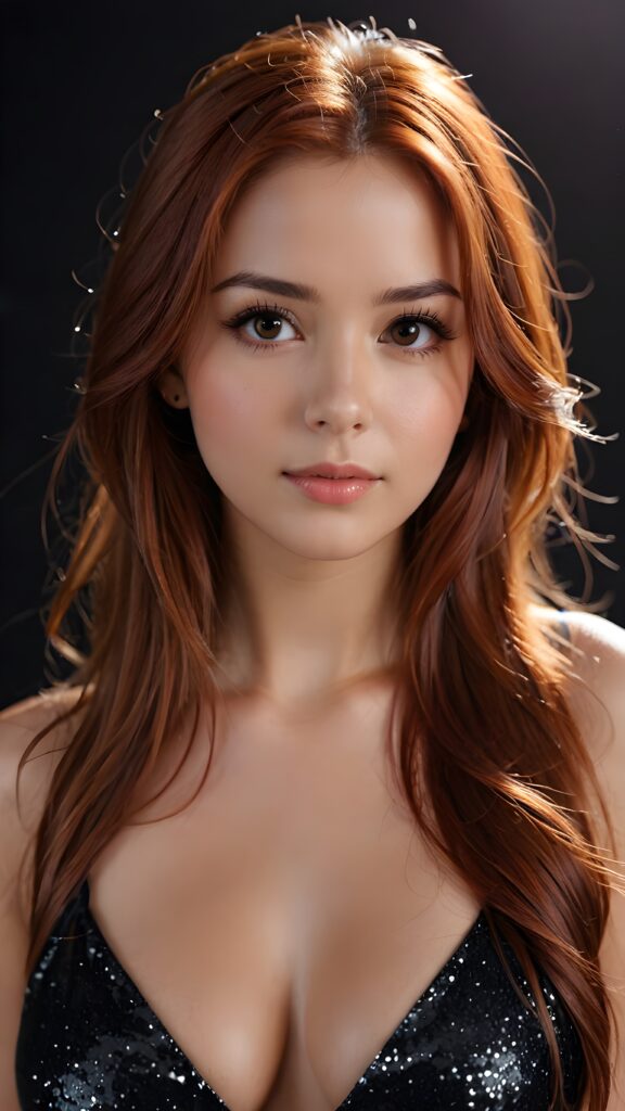 detailed and realistic photo of a young girl with flawless skin. She has long, straight red hair that falls over her upper body. She is wearing a tight, short top which emphasizes her perfect, sculpted body and has a plunging neckline. Her gaze is seductive and she looks directly at the viewer. Her brown eyes shine and sparkle, reflecting a little light. Low light falls into the picture and casts shadows, black empty backdrop