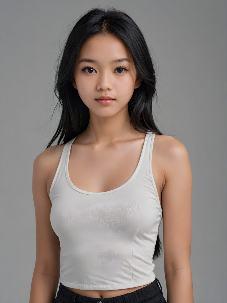 detailed and realistic portrait: an Asian teen girl, 15 years old, (((long, straight obsidian black hair))), beautifully realistic, realistic detailed angelic round face, looks at the camera, perfect curved body, (wears a super short tight (white crop tank top), perfect anatomy, side perspective, ((grey background))