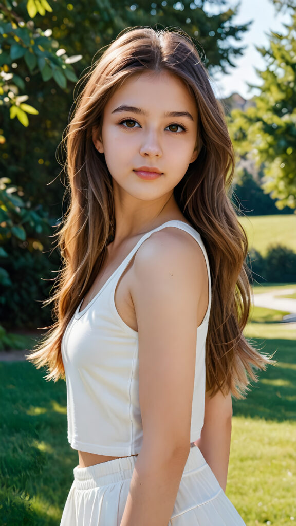 detailed and realistic portrait: a (((beautiful teen girl with long, soft hair and brown eyes))), who exudes a distinct (((sharpness))), coupled with (((pale skin))) and (((vividly hued lips))) that curve into a (((hairstyle long layered ombre))), dressed in a (((white crop tank top))), (sunny park in backdrop)