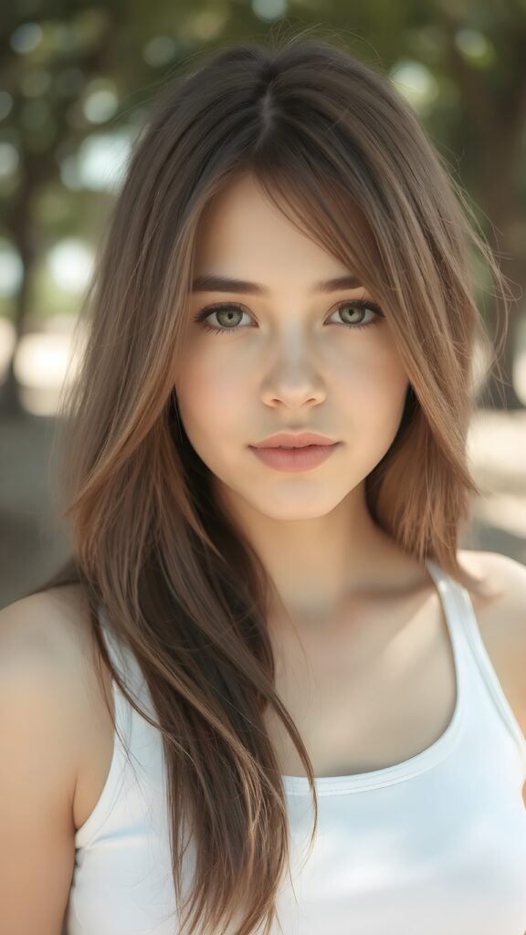 detailed and realistic close-up portrait ((1:3)) from a (((beautiful teen girl with (straight brown hair with soft layers) and brown eyes))), dressed in a (((white crop tank top))), perfect curved body, (sunny park in backdrop)