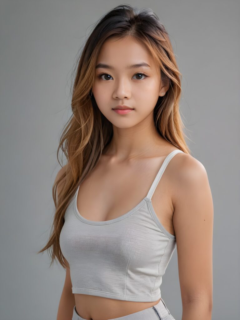 detailed and realistic portrait: an Asian teen girl, 15 years old, (((long, straight light amber hair))), beautifully realistic, realistic detailed angelic round face, looks at the camera, perfect curved body, (wears a super short tight (white crop tank top), perfect anatomy, side perspective, ((grey background))