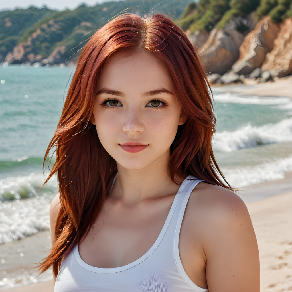 detailed and realistic close-up portrait: a (((beautiful teen girl with (straight burgundy hair with soft layers) and brown eyes))), looks seductively and smiles gently, who exudes a distinct (((sharpness))), coupled with (((pale skin))) and (((vividly full lips))) that curve into, dressed in a (((white crop tank top))), (sunny beach in backdrop)