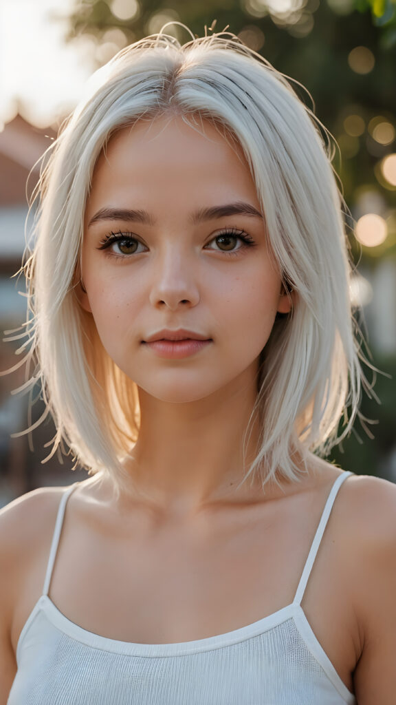 detailed and realistic photo from a very young girl, soft straight jet white hair, close up, thin dressed in a spaghetti tank top, perfect body