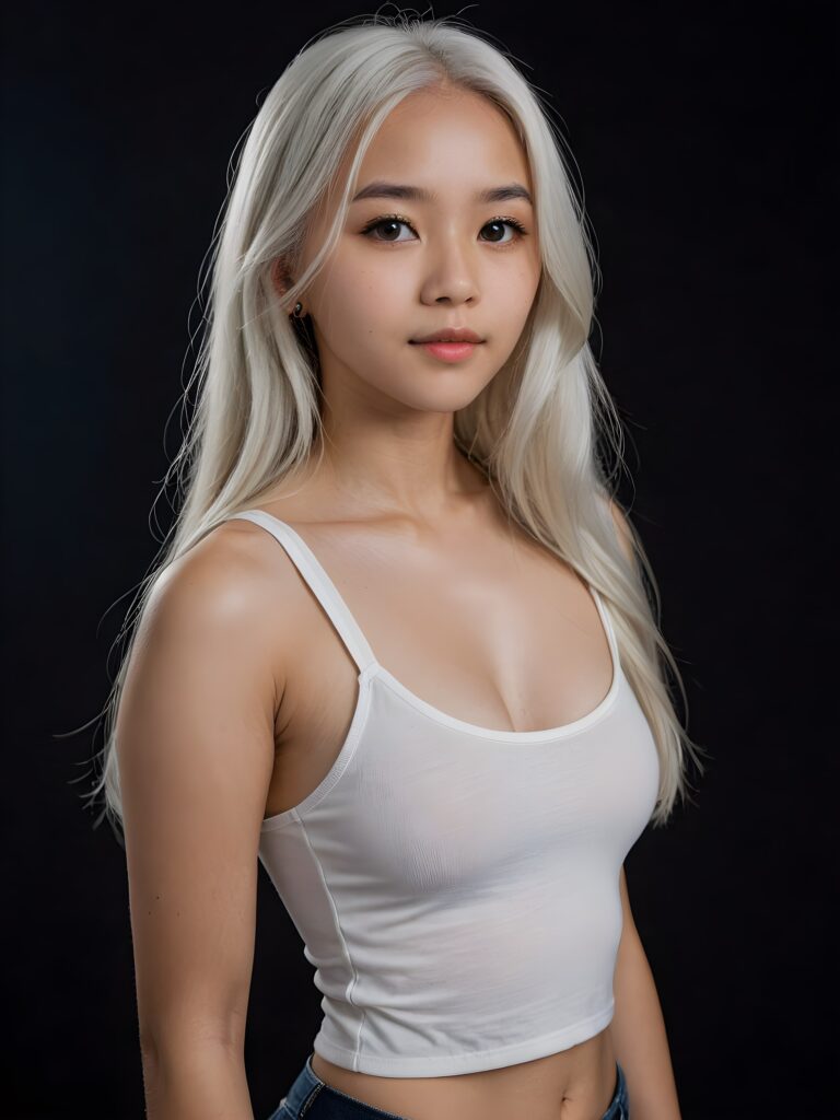 detailed and realistic portrait: an Asian teen girl, 15 years old, (((long, straight white hair))), beautifully realistic, realistic detailed angelic round face, looks at the camera, perfect curved body, (wears a super short tight (white crop tank top), perfect anatomy, side perspective, ((dark background))