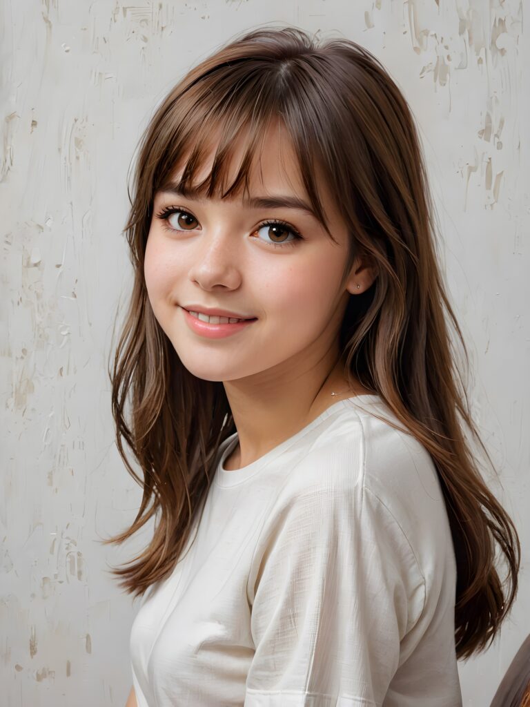 detailed and realistic portrait: a breathtakingly realistic, capturing the essence of a youthful teen girl with a flawlessly proportioned upper body, long, sleek straight soft mahogany brown hair, bangs cut, aged 15, wears a thin white t-shirt, warm smile, ((a white canvas as a background)), ((sitting, side view))