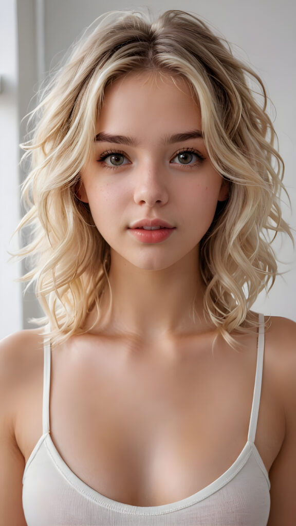 detailed and realistic photo: a beautiful, breathtaking teenage girl with soft platinum blond wavy messy hair looks at the viewer in amazement. The hair reaches down to the shoulders and is cut straight. She has a round face, smooth, white skin and full, plump lips. Her mouth is slightly open with white teeth. The picture is bathed in warm light and creates perfect shadows. She wears a thin, tight-fitting tank top that emphasizes her wonderful body. Her beautiful brown eyes reflect a little light. ((stunning)) ((gorgeous)) ((white background))