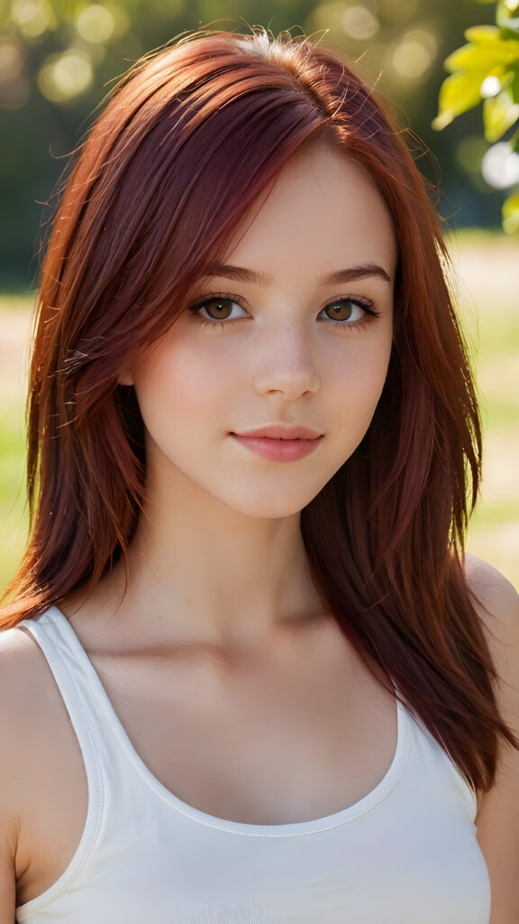 detailed and realistic close-up portrait: a (((beautiful teen girl with (straight burgundy hair with soft layers) and brown eyes))), looks seductively and smiles gently, who exudes a distinct (((sharpness))), coupled with (((pale skin))) and (((vividly full lips))) that curve into, dressed in a (((white crop tank top))), (sunny park in backdrop)