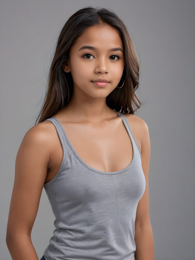 detailed and realistic portrait from a brown-skinned Exotic teen girl, 14 years old, long straight hair, realistic detailed angelic round face, perfect curved body, ((low cut tight (tank top))), perfect anatomy, side perspective, ((grey background))