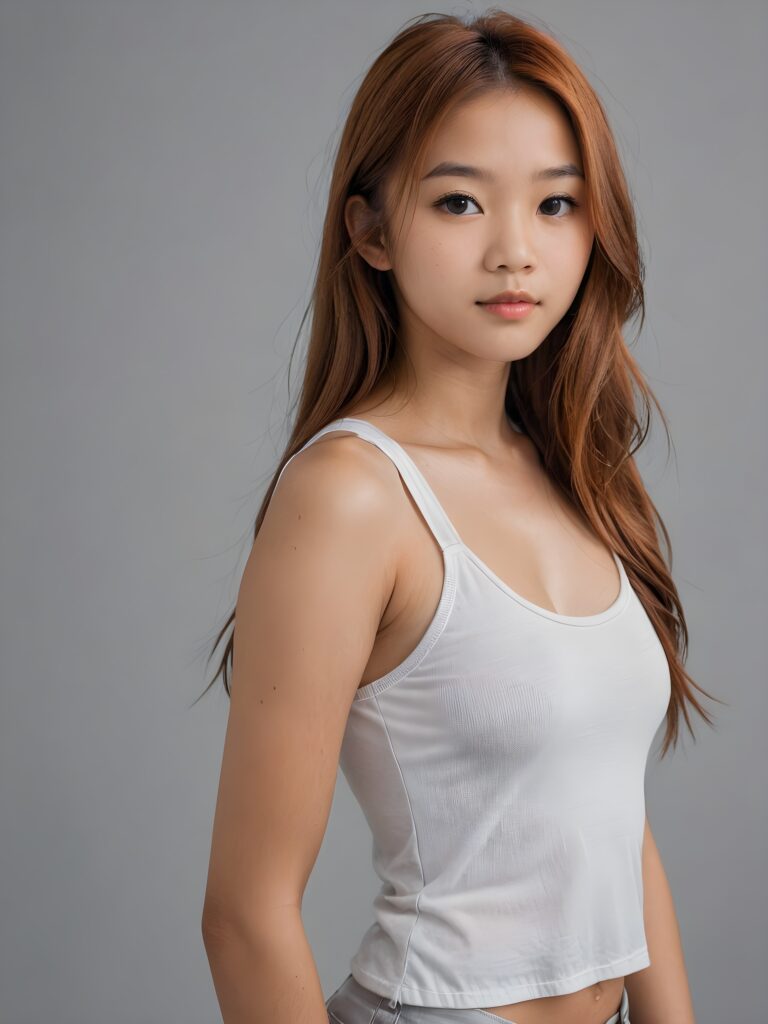 detailed and realistic portrait: an Asian teen girl, 15 years old, (((long, straight copper hair))), beautifully realistic, realistic detailed angelic round face, looks at the camera, perfect curved body, (wears a super short tight (white crop tank top), perfect anatomy, side perspective, ((grey background))