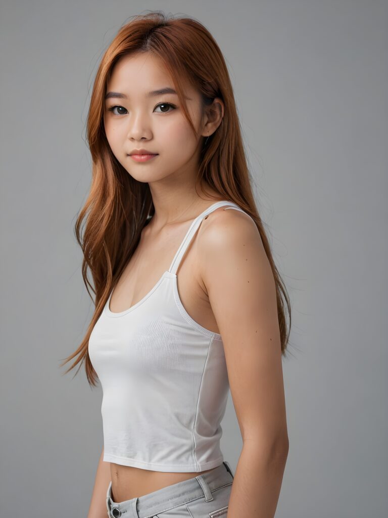 detailed and realistic portrait: an Asian teen girl, 15 years old, (((long, straight copper hair))), beautifully realistic, realistic detailed angelic round face, looks at the camera, perfect curved body, (wears a super short tight (white crop tank top), perfect anatomy, side perspective, ((grey background))