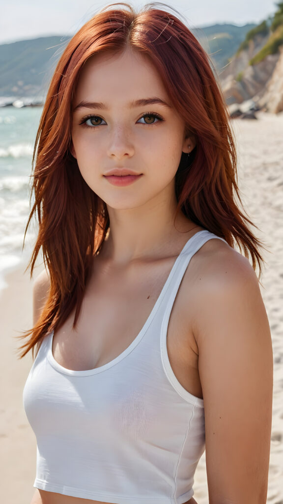 detailed and realistic close-up portrait: a (((beautiful teen girl with (straight burgundy hair with soft layers) and brown eyes))), looks seductively and smiles gently, who exudes a distinct (((sharpness))), coupled with (((pale skin))) and (((vividly full lips))) that curve into, dressed in a (((white crop tank top))), (sunny beach in backdrop)