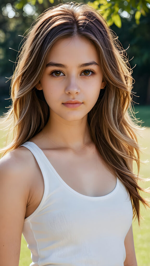 detailed and realistic portrait: a (((beautiful teen girl with long, soft hair and brown eyes))), who exudes a distinct (((sharpness))), coupled with (((pale skin))) and (((vividly hued lips))) that curve into a (((hairstyle long layered ombre))), dressed in a (((white crop tank top))), (sunny park in backdrop)