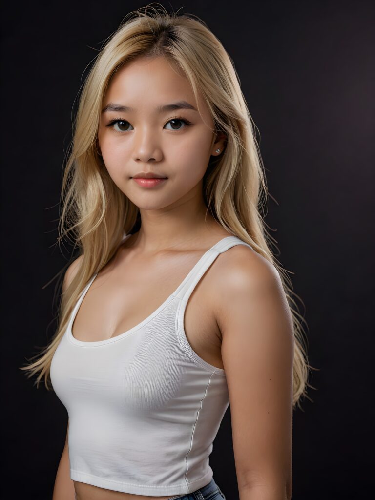 detailed and realistic portrait: an Asian teen girl, 15 years old, (((long, straight blonde hair))), beautifully realistic, realistic detailed angelic round face, looks at the camera, perfect curved body, (wears a super short tight (white crop tank top), perfect anatomy, side perspective, ((dark background))