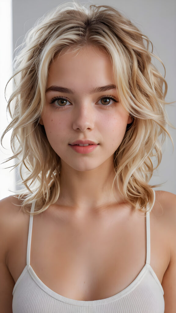 detailed and realistic photo: a beautiful, breathtaking teenage girl with soft platinum blond wavy messy hair looks at the viewer in amazement. The hair reaches down to the shoulders and is cut straight. She has a round face, smooth, white skin and full, plump lips. Her mouth is slightly open with white teeth. The picture is bathed in warm light and creates perfect shadows. She wears a thin, tight-fitting tank top that emphasizes her wonderful body. Her beautiful brown eyes reflect a little light. ((stunning)) ((gorgeous)) ((white background))