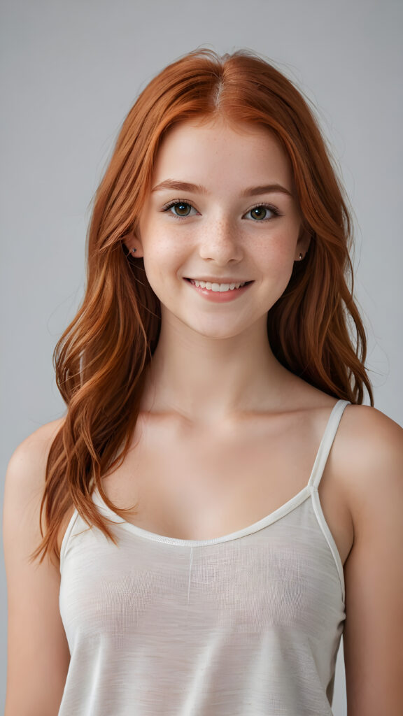 detailed and realistic photo from a (((cute little red-haired young teen girl))), straight long soft hair, smile very happy, stands confidently, she wears a thin tank top, perfect body ((perfect portrait)) ((empty backdrop))