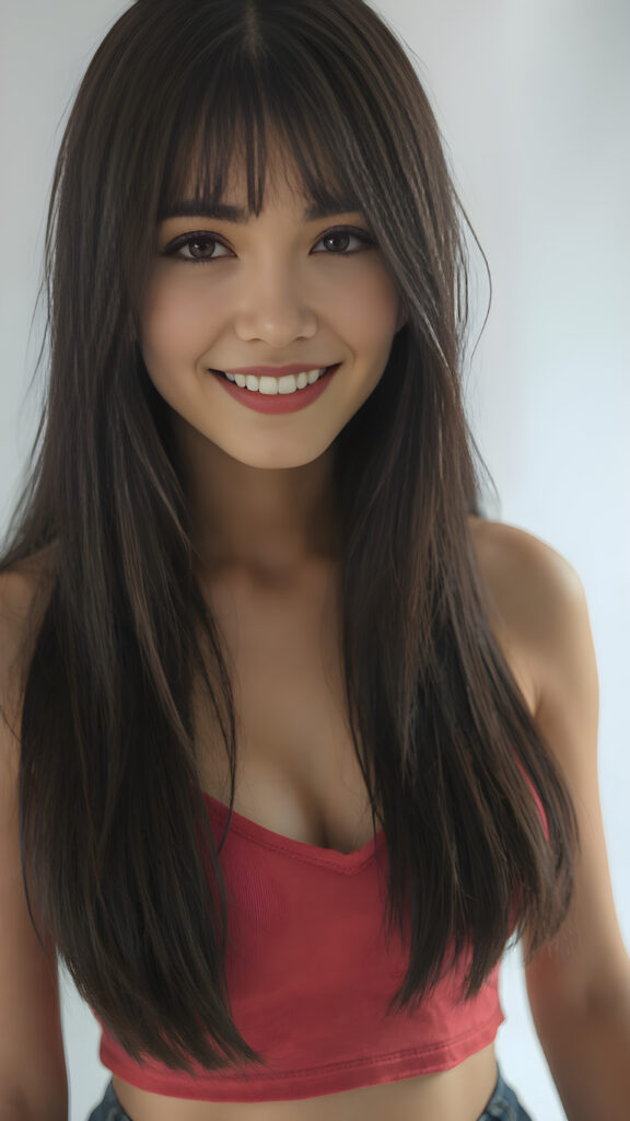 detailed and realistic portrait, upper body, warm tones, cute well busty girl, stunning, gorgeous, she smile very happy and has long, straight soft obsidian black hair, cropped tank top, deep v-neck, wide open front, white backdrop, round face