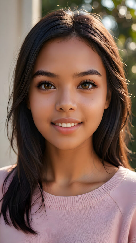 detailed and realistic photo: a beautiful, breathtaking brown-skinned teenage girl with silky smooth obsidian soft black straight hair looks at the viewer in amazement. She has a round face, smooth, white skin and full, plump lips. Her mouth is slightly open with white teeth. The picture is bathed in warm light and creates perfect shadows. She wears a thin, tight-fitting pink sweater that emphasizes her wonderful body. Her beautiful brown eyes reflect a little light. ((stunning)) ((gorgeous))