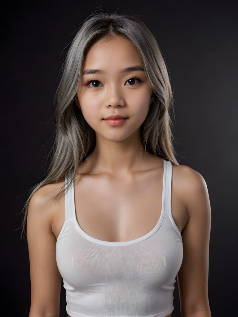 detailed and realistic portrait: an Asian teen girl, 15 years old, (((long, straight ash grey hair))), beautifully realistic, realistic detailed angelic round face, looks at the camera, perfect curved body, (wears a super short tight (white crop tank top), perfect anatomy, side perspective, ((dark background))