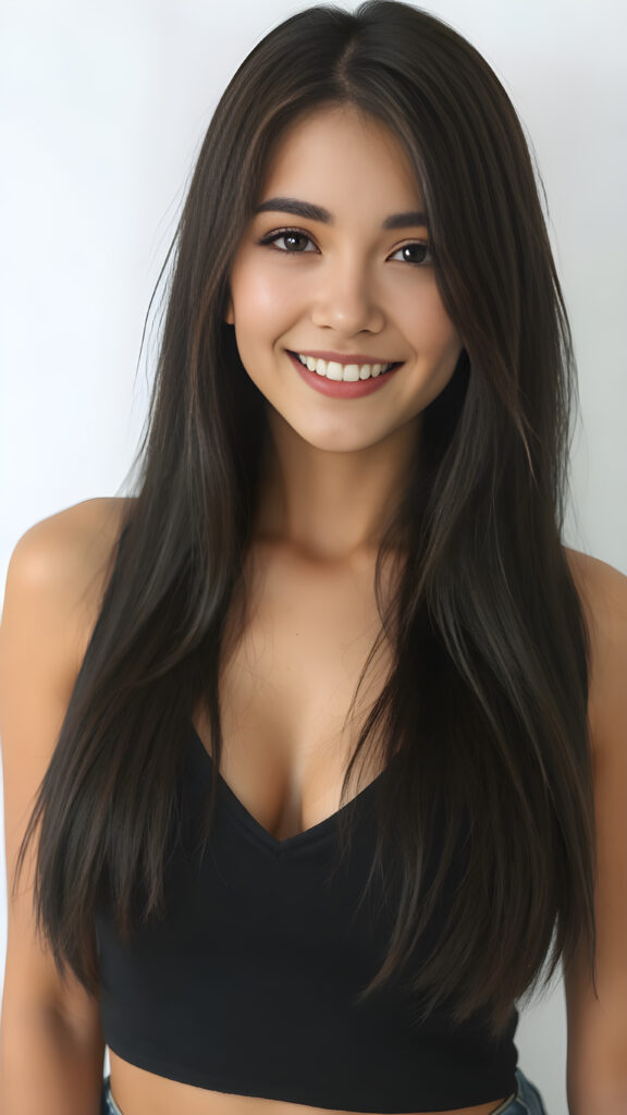 detailed and realistic portrait, upper body, warm tones, cute well busty girl, stunning, gorgeous, she smile very happy and has long, straight soft obsidian black hair, cropped tank top, deep v-neck, wide open front, white backdrop, round face